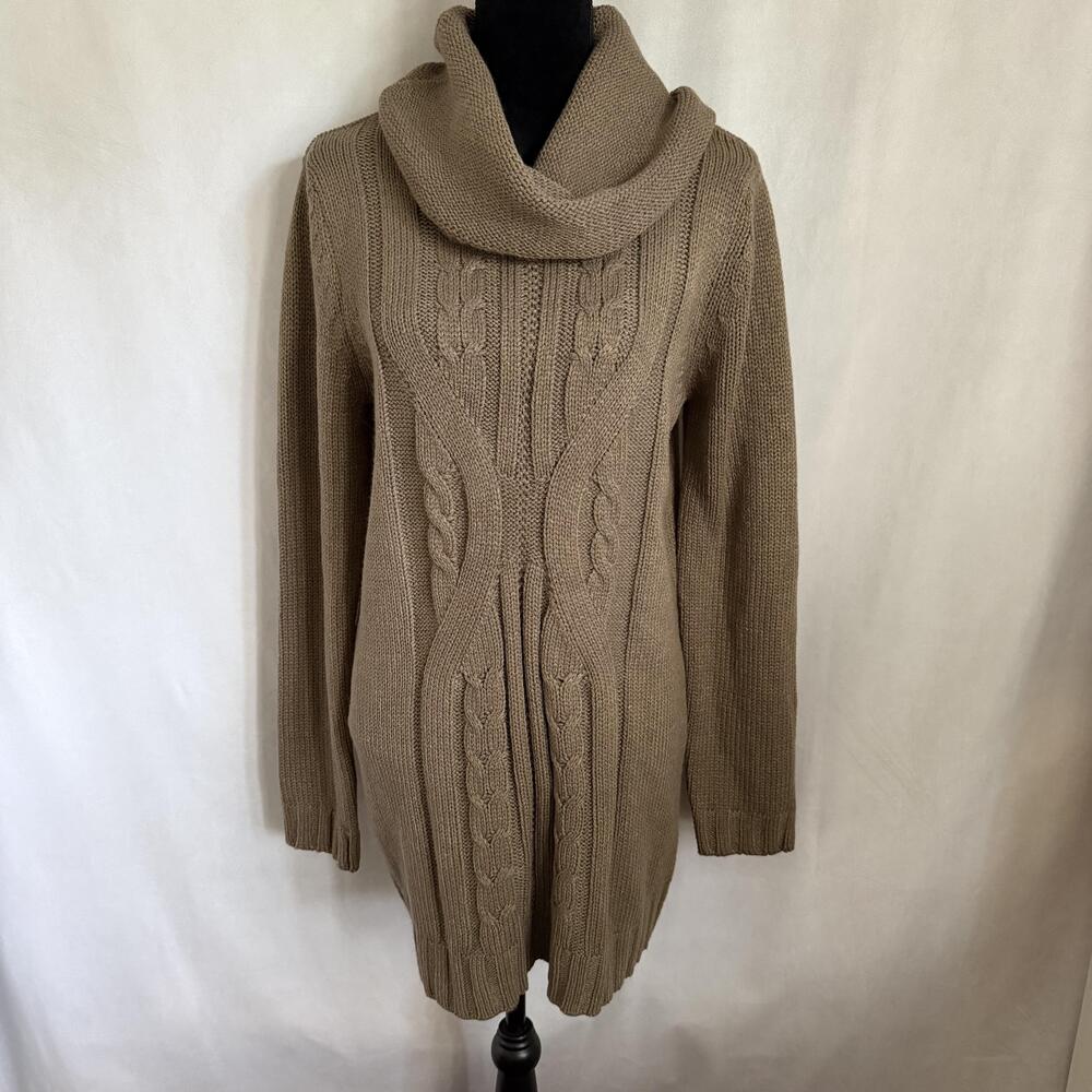 Axcess Sweater Tunic Womens Large Brown Cowl Neck Cable Knit Long Sleeve NWT